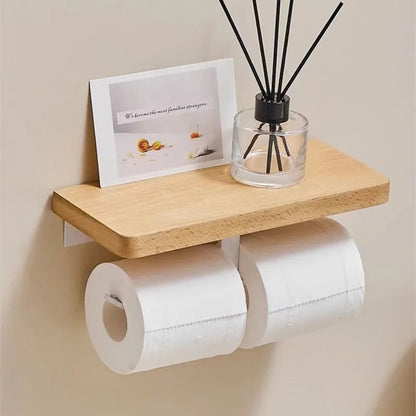 Beech Wood Toilet Paper Holder with Phone Storage Bathroom Organizer