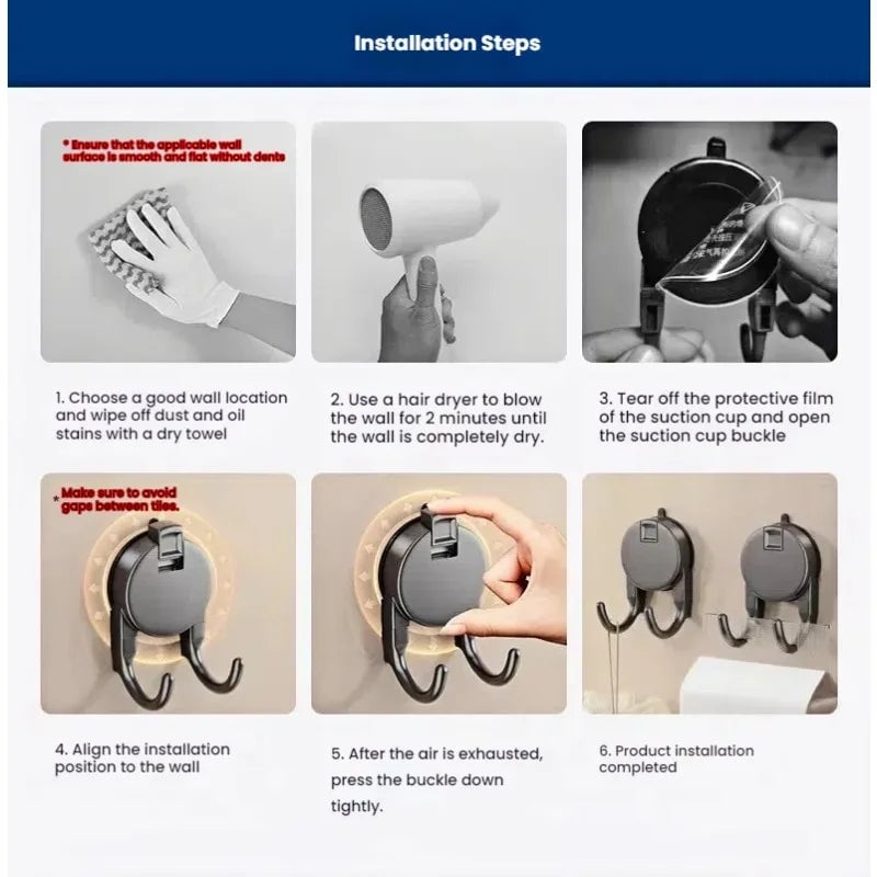 Strong Suction Cup Hooks No Drill Dual Hook Bathroom Kitchen