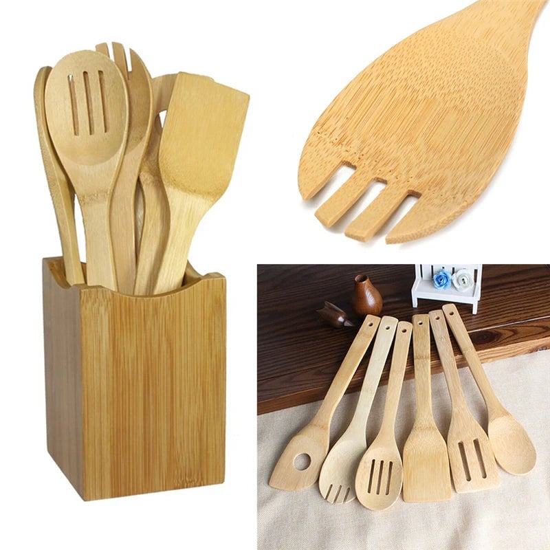 6-Piece Bamboo Spoon Spatula Set - Wooden Kitchen Utensils Mixing