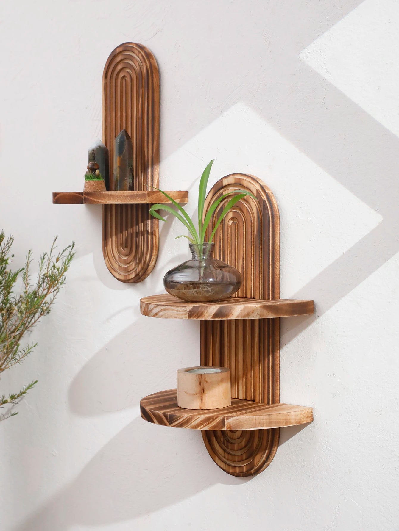 Rustic Boho Wooden Wall Shelves Charcoal Geometric Oval Display