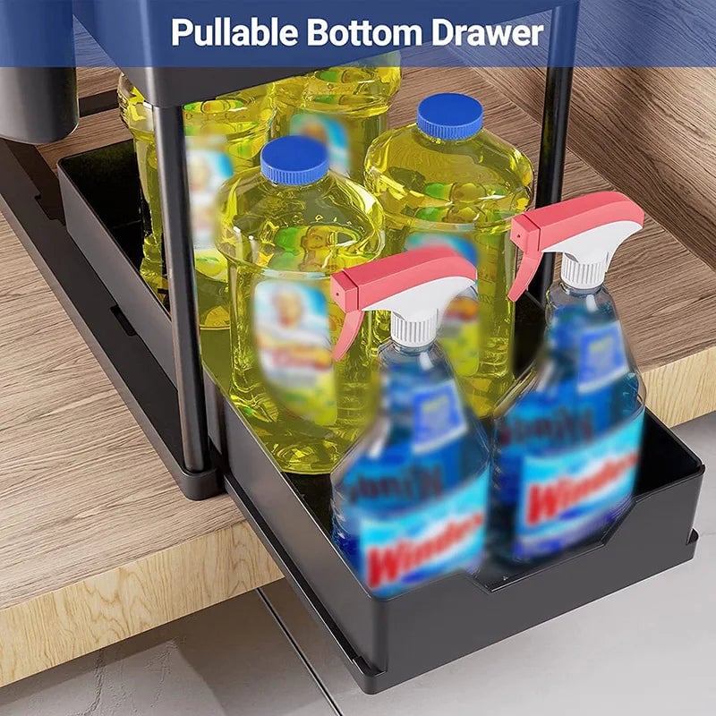 2-Tier Pull Out Cabinet Organizer with Hooks - Kitchen Bathroom