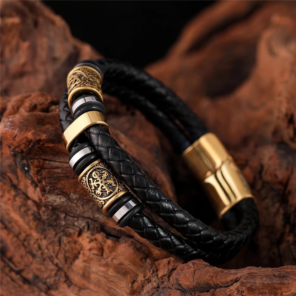 Norse Runes Genuine Leather Braided Bracelet Stainless Steel Beads