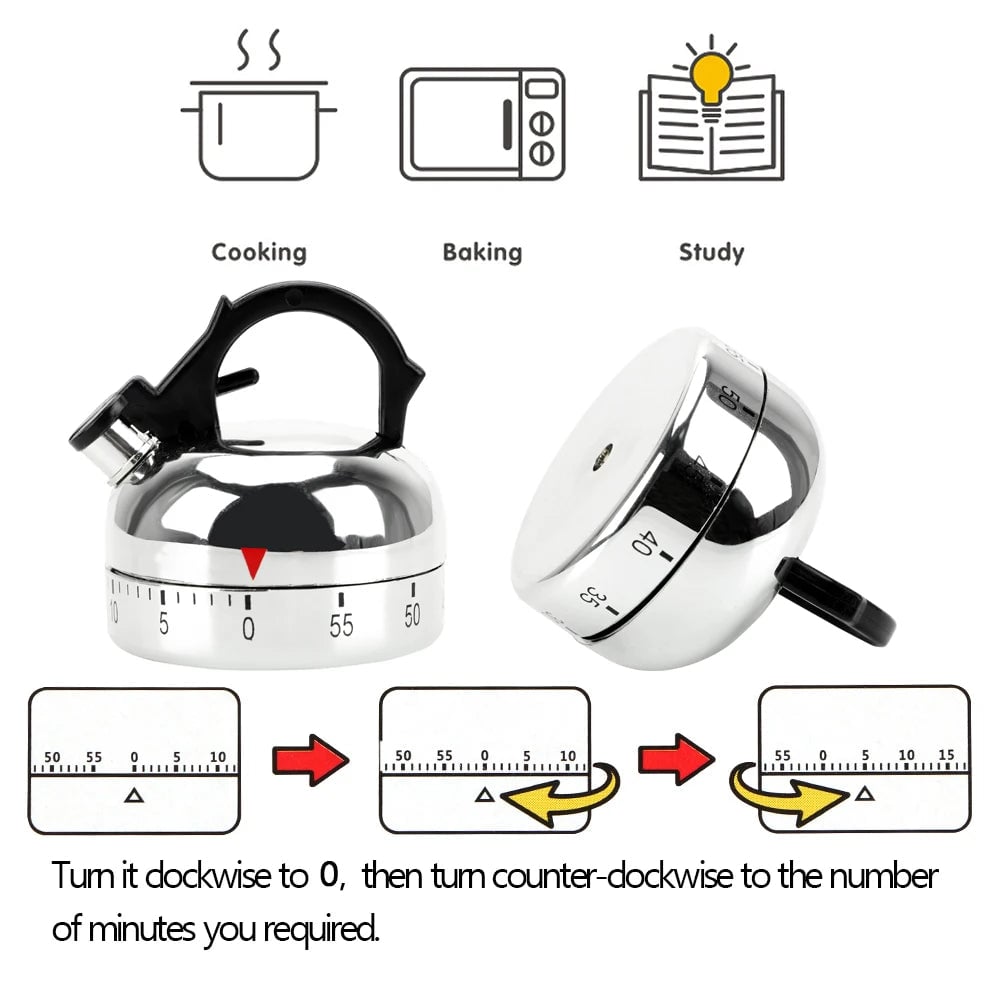 60-Minute Mechanical Kitchen Timer - Kettle Shape Countdown Alarm