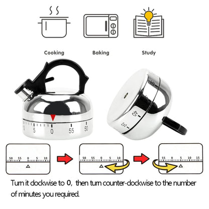 60-Minute Mechanical Kitchen Timer - Kettle Shape Countdown Alarm
