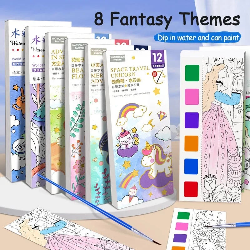 12-Sheet Portable Watercolor Book with Brush - Kids Art Set
