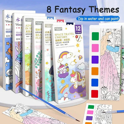 12-Sheet Portable Watercolor Book with Brush - Kids Art Set