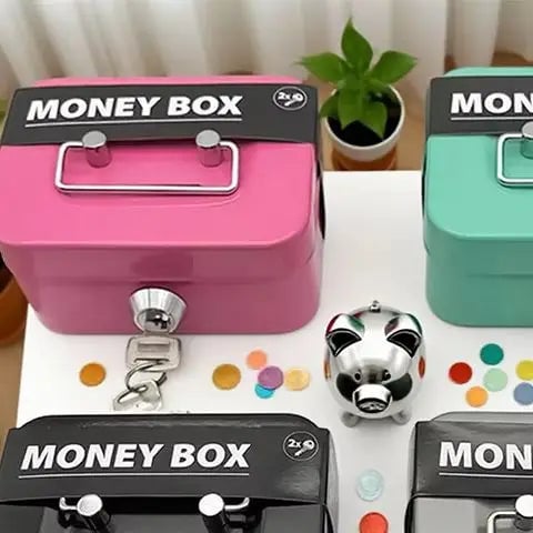 Metal Piggy Bank Box with Lock & Key - Portable Coin Money Safe