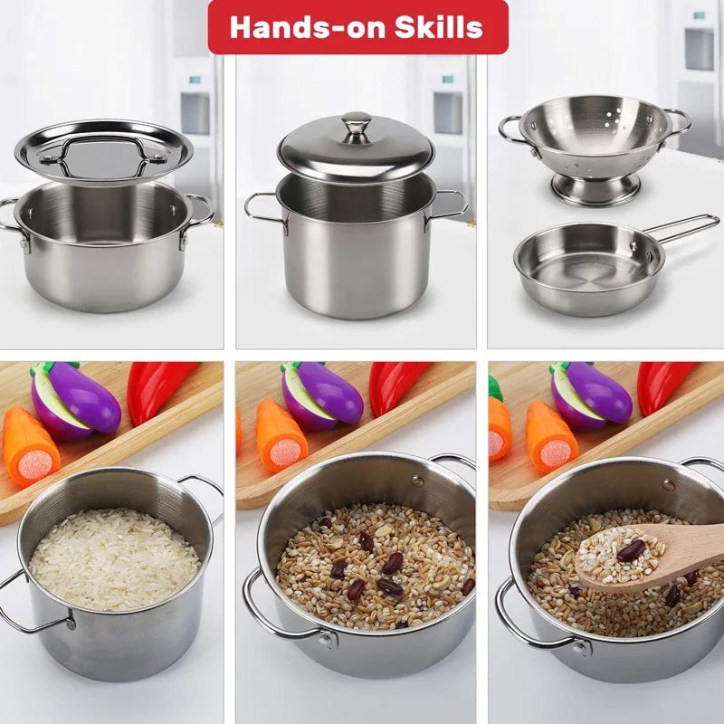 Kids Stainless Steel Cookware Play Set - Pots Pans Kitchen Utensils