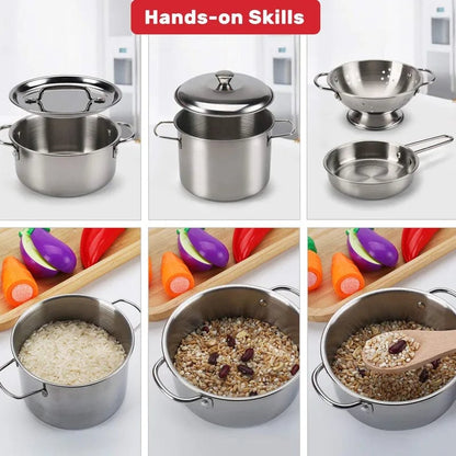 Kids Stainless Steel Cookware Play Set - Pots Pans Kitchen Utensils