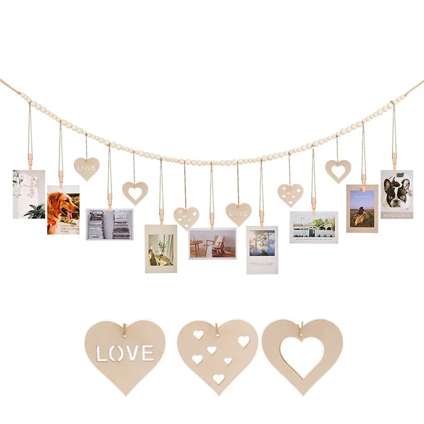 Wooden Heart Photo Display Wall Hanging Boho Picture Frame Holder