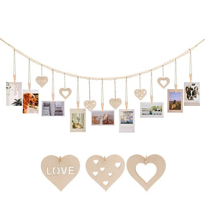 Wooden Heart Photo Display Wall Hanging Boho Picture Frame Holder