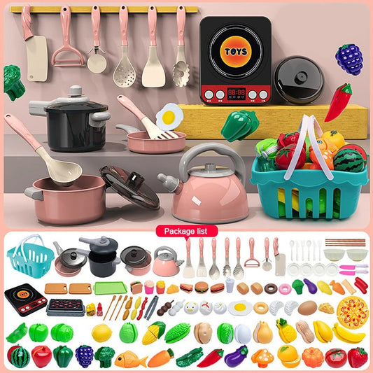 Large Kids Play Kitchen Set - Pretend Cooking Toys with Pots & Food