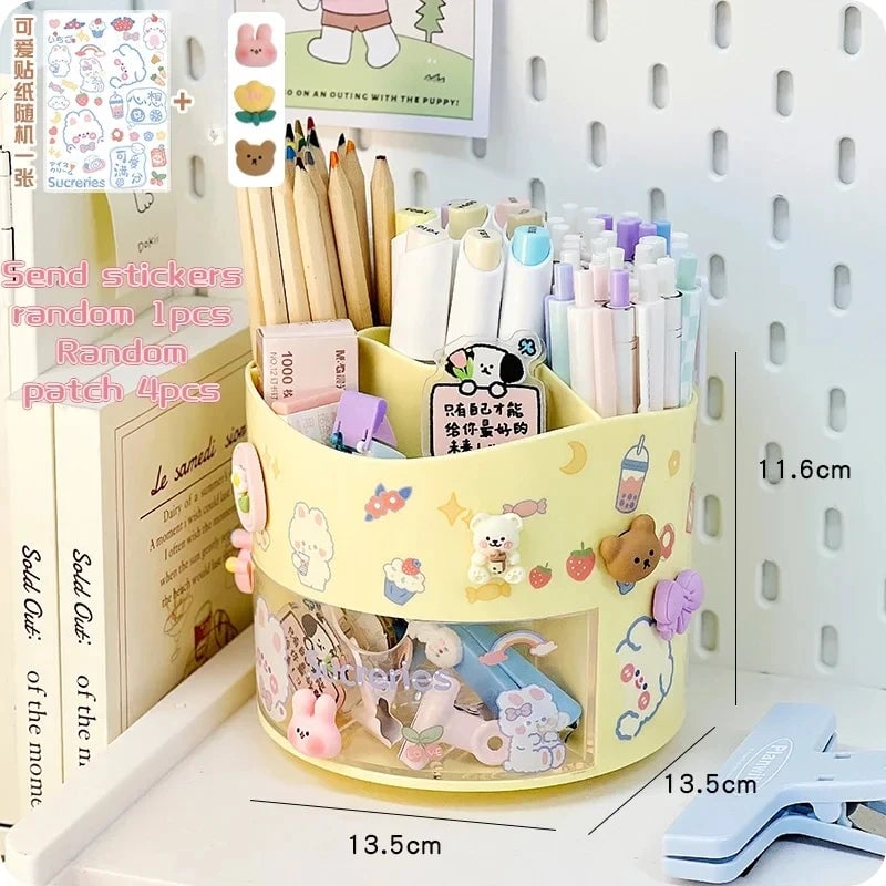 Rotating Desktop Pen Holder with Drawer - Kawaii Stationery Organizer