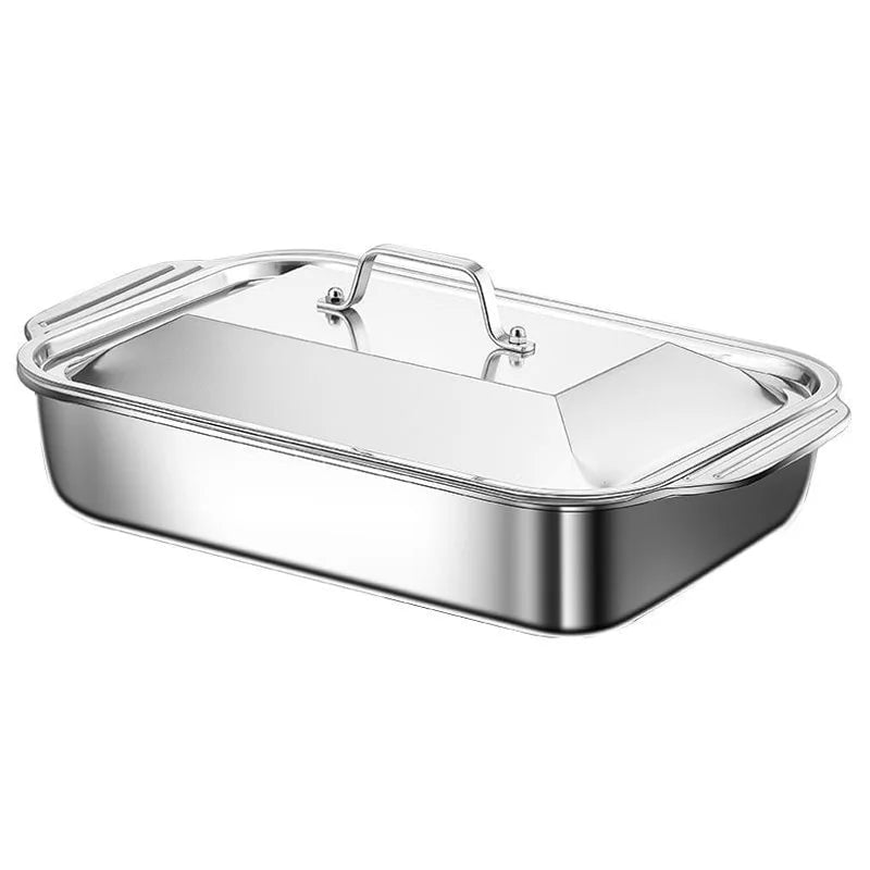 Stainless Steel Nonstick BBQ Fish Tray with Lid - Deep Baking Pan