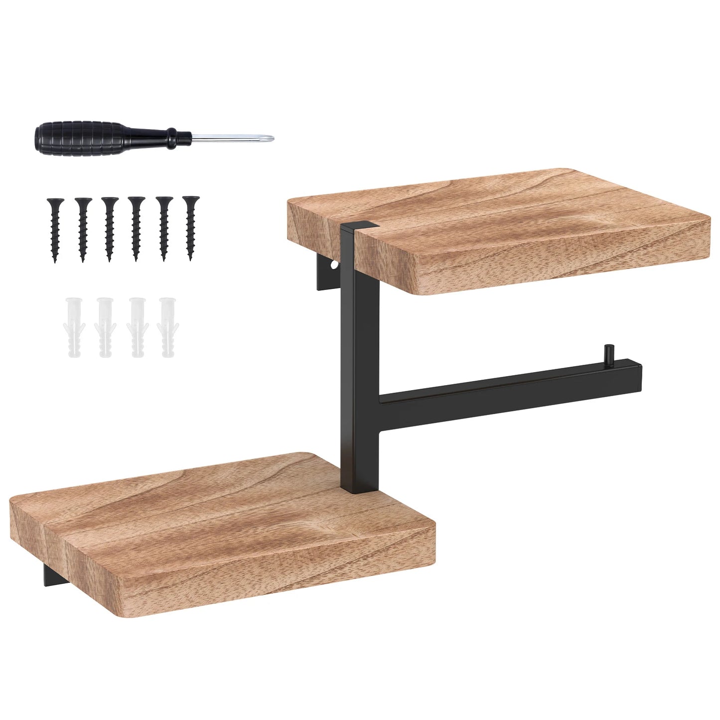 Wall Mounted Wooden Toilet Paper Holder with Storage Shelf
