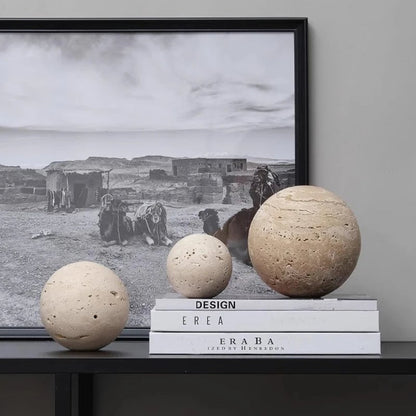 Natural Travertine Marble Sphere - Wabi Sabi Stone Ball Decor