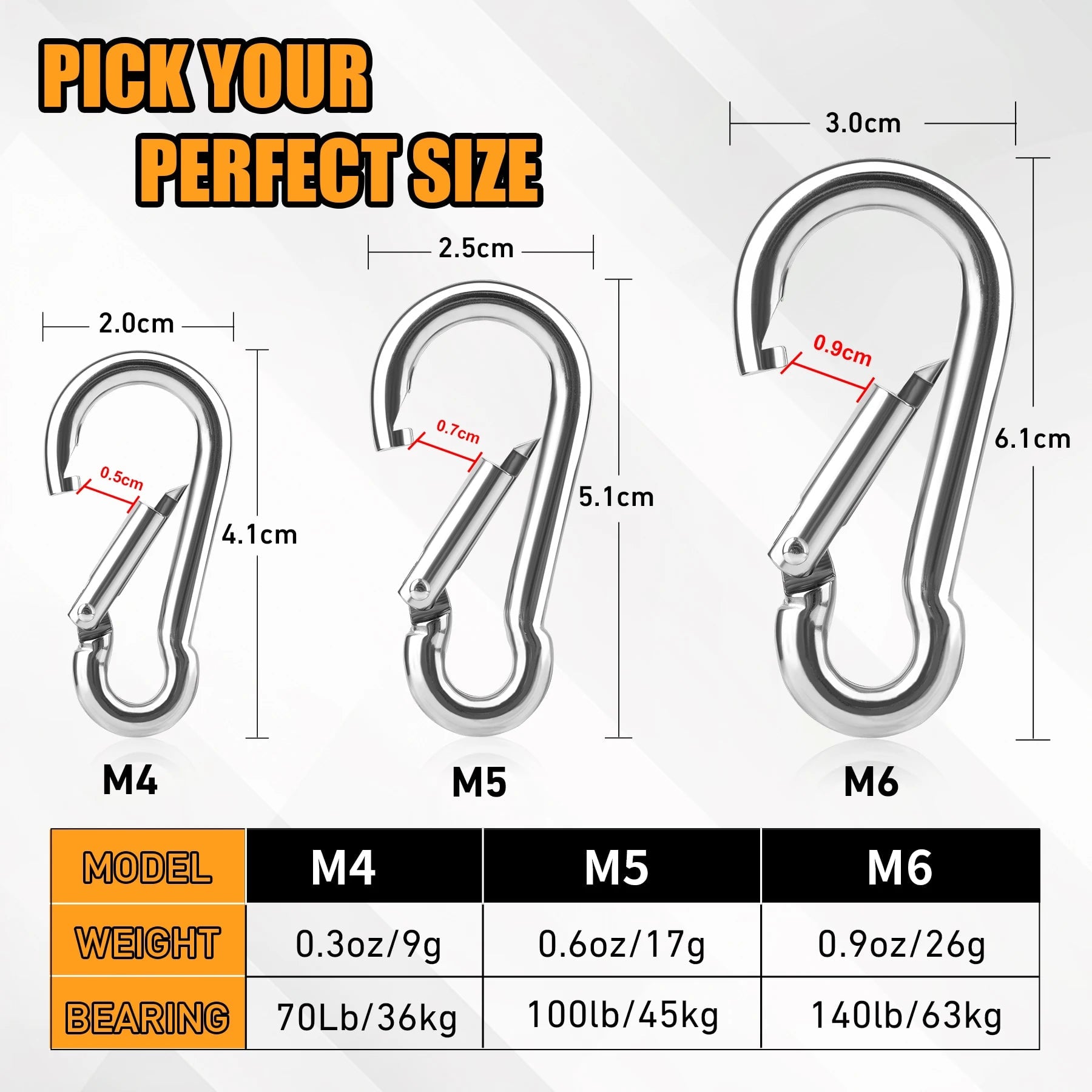 304 Stainless Steel M4 M5 M6 Spring Snap Carabiner Hook 6-24Pcs