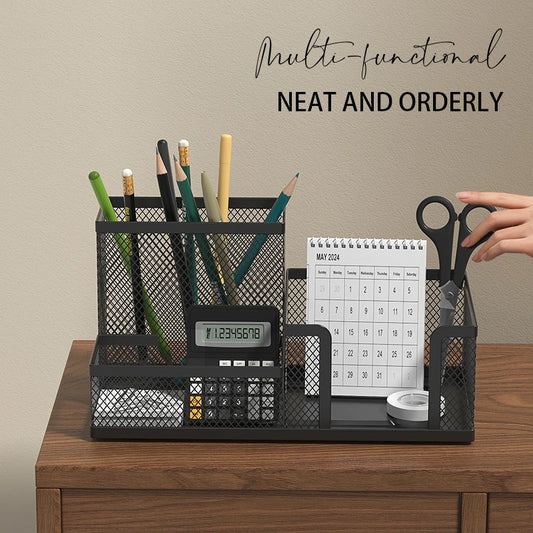 Black Mesh Desk Organizer Caddy with Pencil Holder Storage Baskets