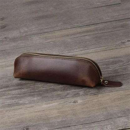 Leather Zipper Pencil Case & Makeup Pouch - Small Travel Organizer