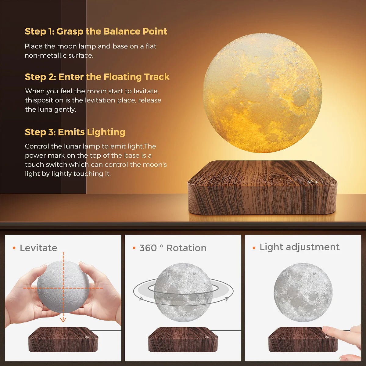 Magnetic Levitating Moon Night Light 3D LED Lamp Wooden Base 3 Colors