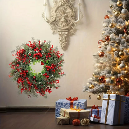 Artificial Christmas Red Berry Wreath Green Leaves Front Door Decor