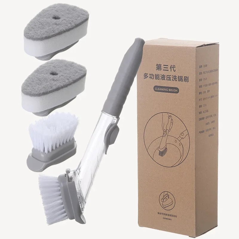 Long Handle Dish Brush with Automatic Liquid Dispenser & Sponge