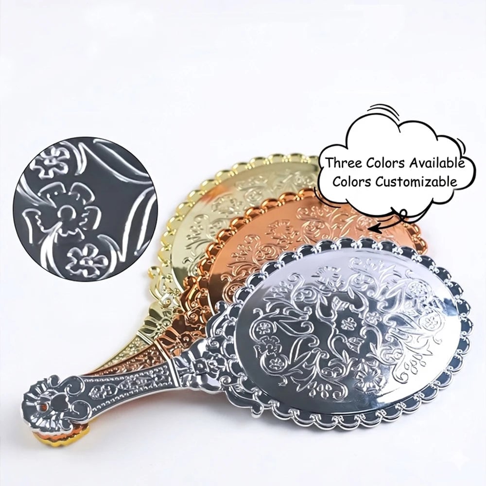 Vintage Oval Round Handheld Makeup Mirror Patterned Beauty Tool
