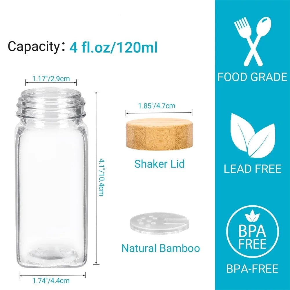 12pc Glass Spice Jars with Bamboo Lids, Labels & Collapsible Funnel
