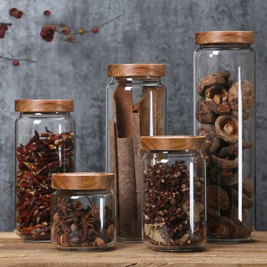 Glass Airtight Canister Wood Lid Kitchen Storage Jar Food Container