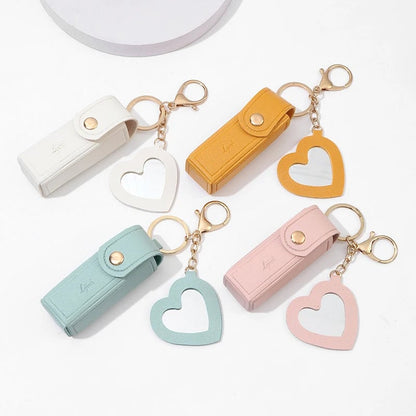 Leather Lipstick Pouch with Mirror & Keychain - Protective Makeup Bag