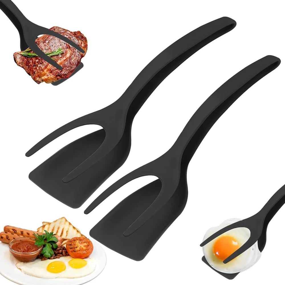 2-in-1 Nylon Grip Flip Spatula Tongs - Non-Stick Egg Flipper