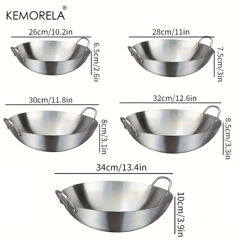 Stainless Steel Wok 26-34cm Double Handle Uncoated Chef Pan