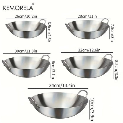 Stainless Steel Wok 26-34cm Double Handle Uncoated Chef Pan