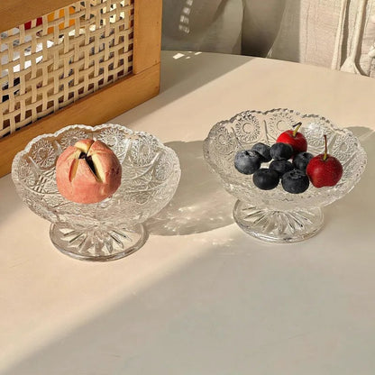 Relief Glass Fruit Tray - Transparent High Leg Dessert Bowl