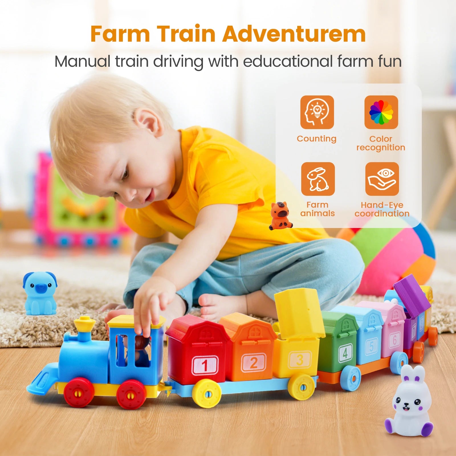 Montessori Farm Train Set - Counting Sorting Learning Toy Toddlers