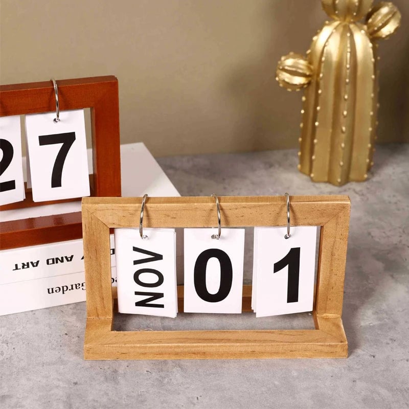Wooden Flip Calendar Perpetual Desktop Photo Frame Home Decor