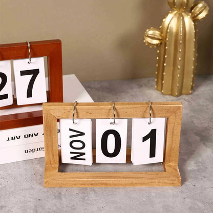 Wooden Flip Calendar Perpetual Desktop Photo Frame Home Decor