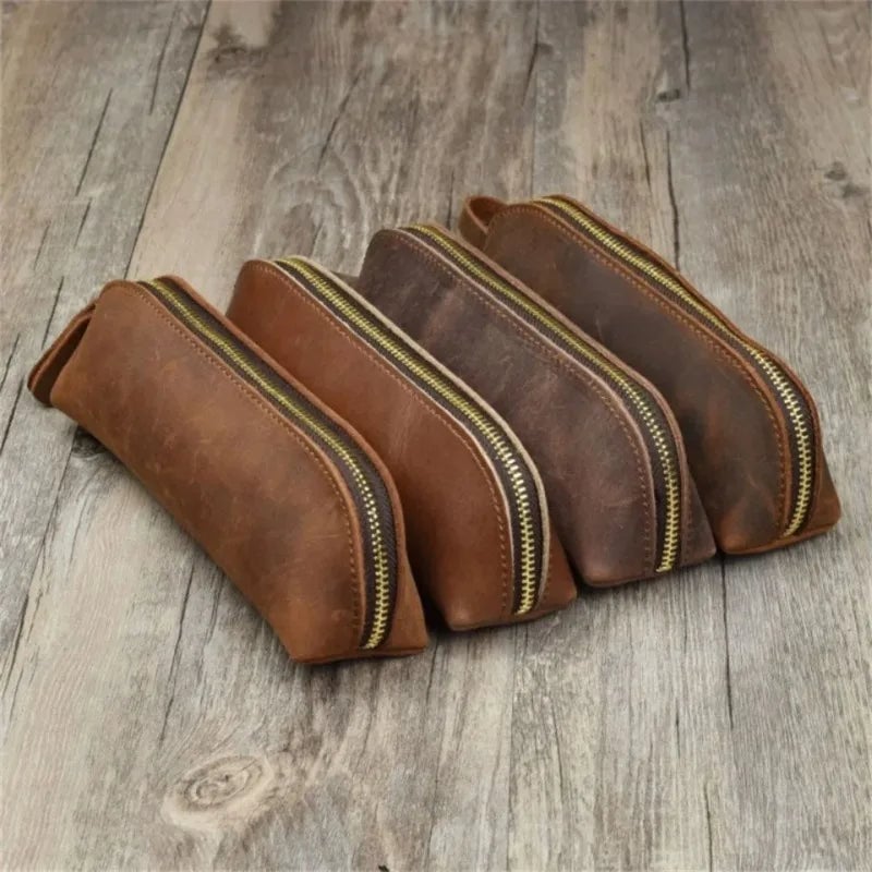 Leather Zipper Pencil Case & Makeup Pouch - Small Travel Organizer