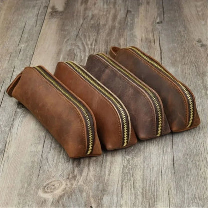 Leather Zipper Pencil Case & Makeup Pouch - Small Travel Organizer