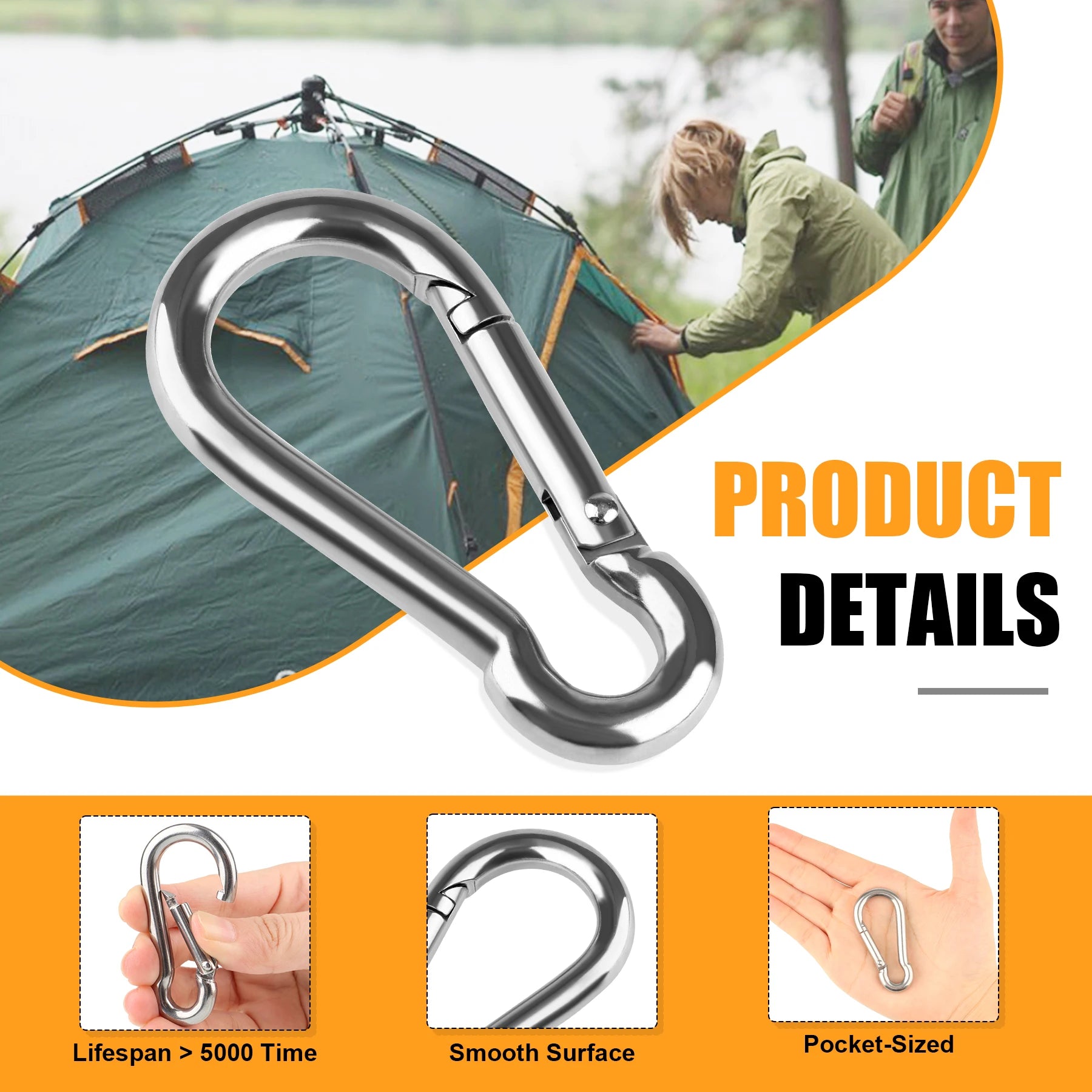 304 Stainless Steel M4 M5 M6 Spring Snap Carabiner Hook 6-24Pcs