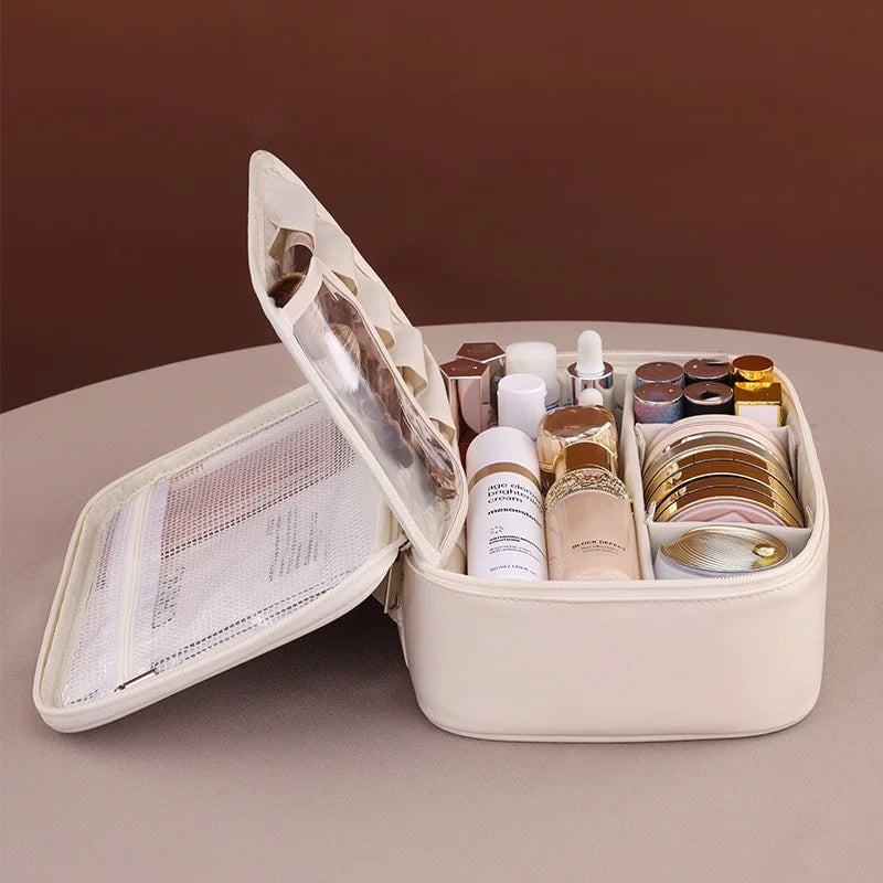 Large PU Leather Tote Makeup Bag - Travel Cosmetic Storage Organizer