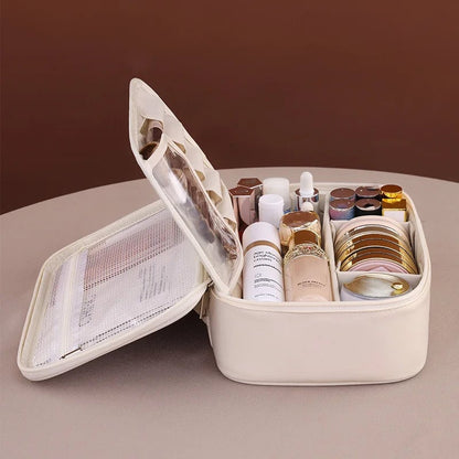 Large PU Leather Tote Makeup Bag - Travel Cosmetic Storage Organizer