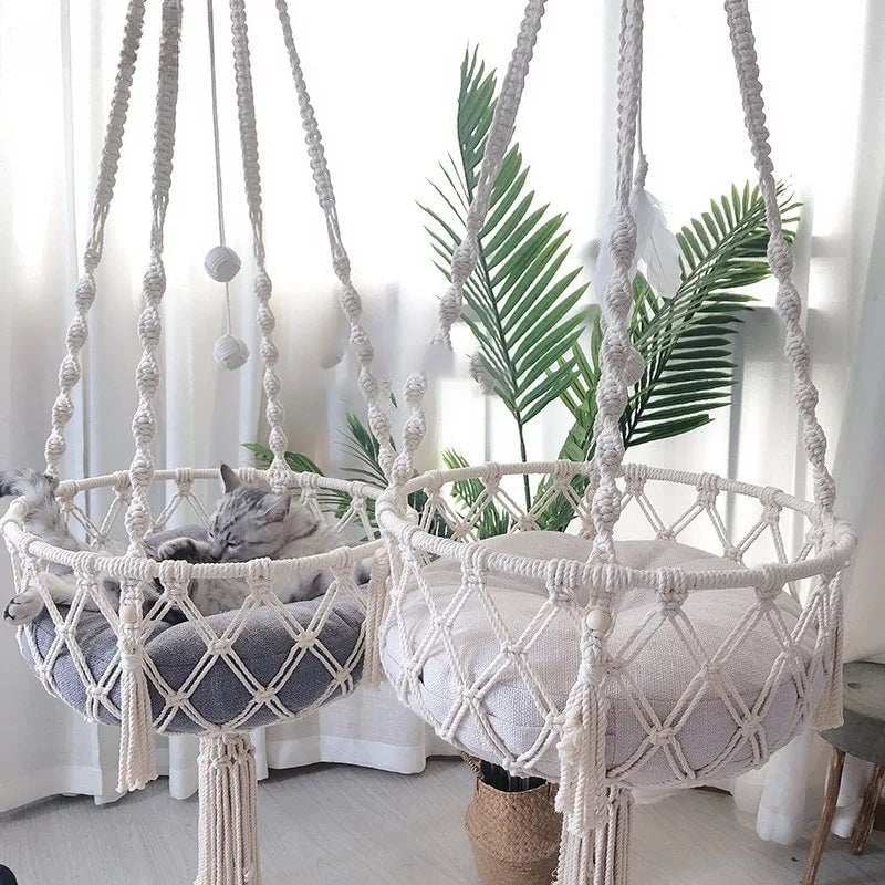 Hand Woven Cotton Rope Cat Hammock - Winter Pet Hanging Basket