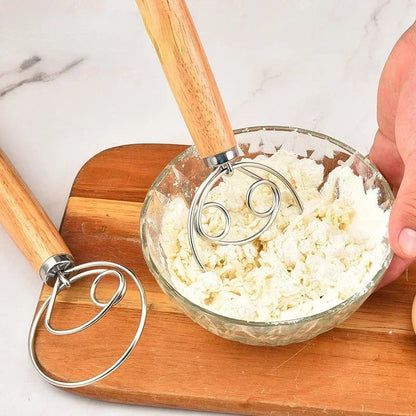 Danish Dough Whisk Stainless Steel Dutch Bread Mixer Wooden Handle