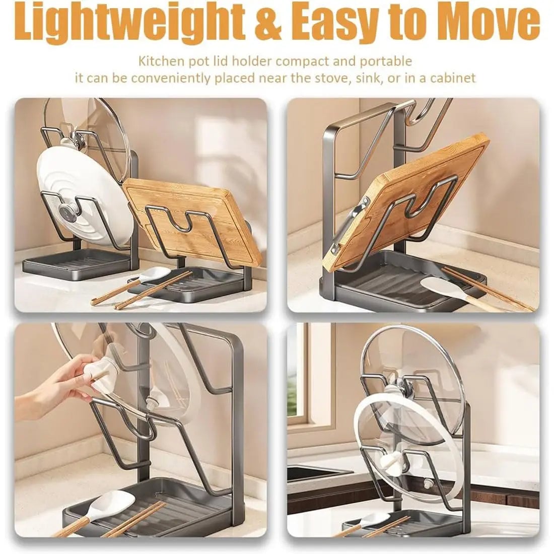 Kitchen Lid Storage Rack with Tray - Pot Lid Holder & Spoon Rest