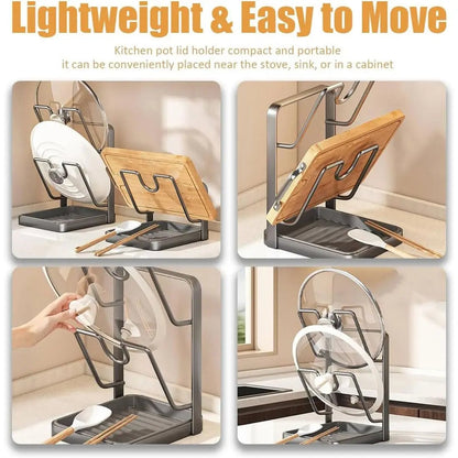 Kitchen Lid Storage Rack with Tray - Pot Lid Holder & Spoon Rest