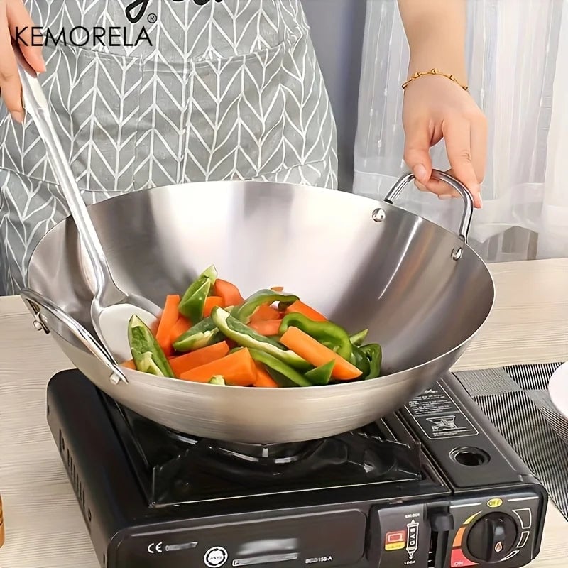 Stainless Steel Wok 26-34cm Double Handle Uncoated Chef Pan