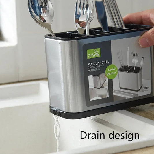 Plastic Kitchen Cutlery Organizer with Drain - Knife Spoon Fork Stand