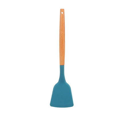 Blue Heat-Resistant Silicone Spatula Spoon with Wooden Handle