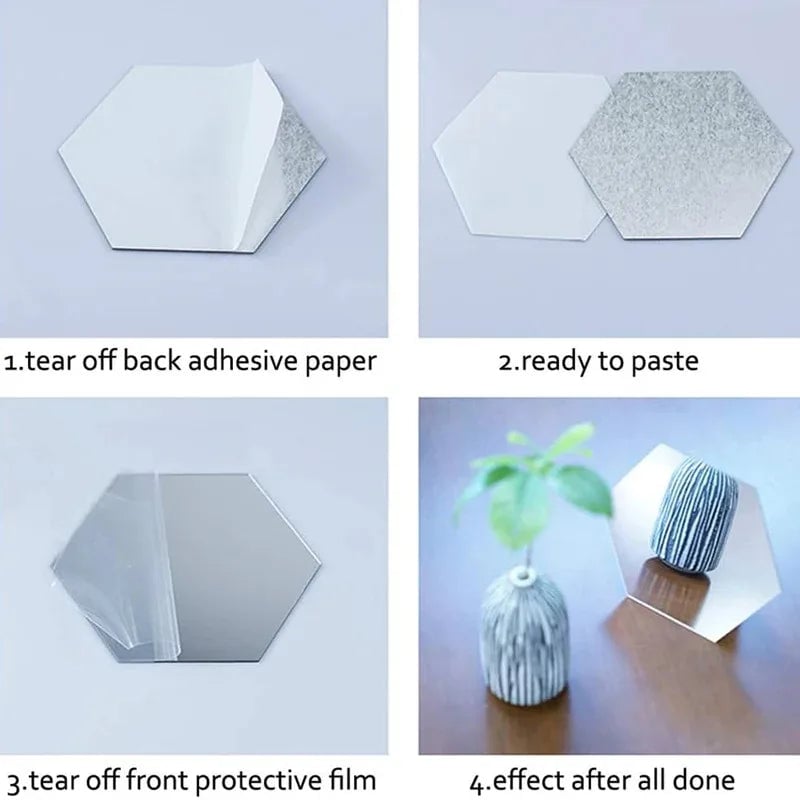 Hexagon 3D Acrylic Mirror Wall Stickers 6/12pc Self Adhesive DIY